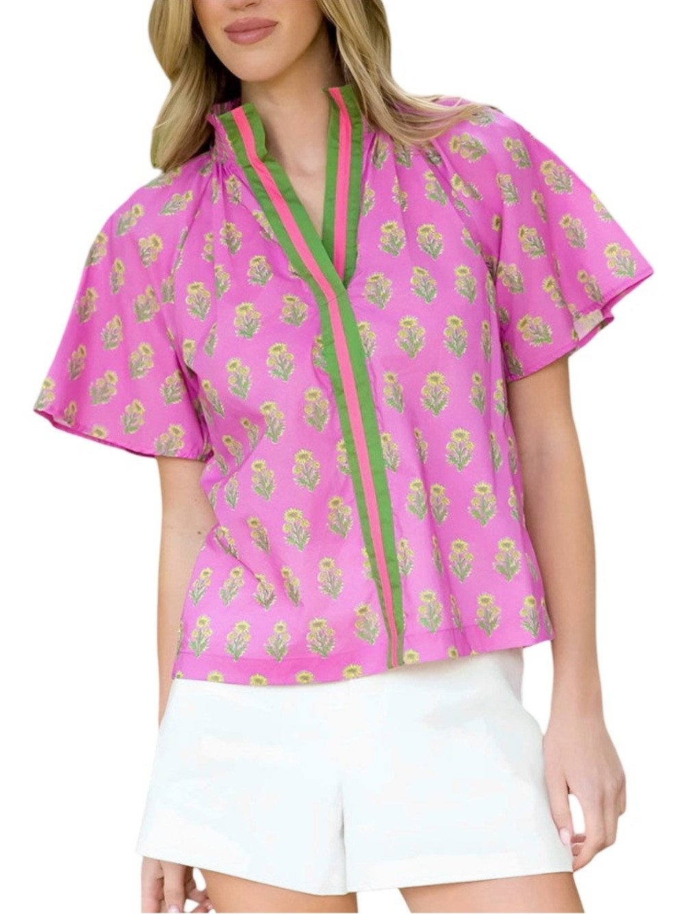 THML Pink & Green Floral Print Ruffle Sleeve Blouse
